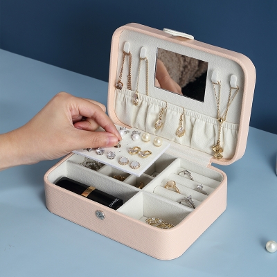 Magnetic Button PU Velvet Jewelry Box With Build-In Mirror