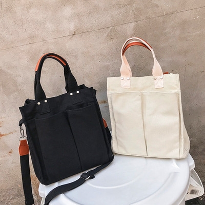 Simple Magnetic Buckle Closure Canvas Handbag With Pockets