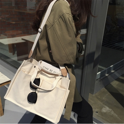 New large capacity, minimalist, one-shoulder canvas bag with many pockets solid color tote bag for ladies