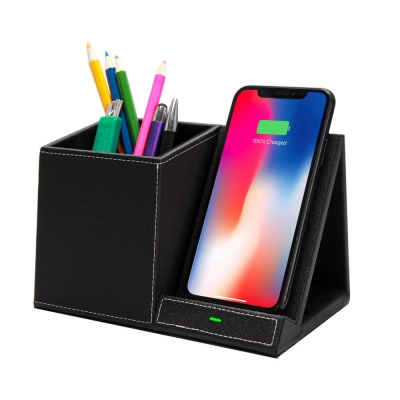 Amazonas hot product PU leather qi fast Wireless charger pen holder wireless charger for mobile phone wireless charger