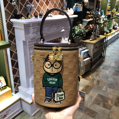 C1223-3 CREAM BEAR Bag Bucket Bag Female Bag Checkerboard Cartoon Cute Single Shoulder Messenger Bag